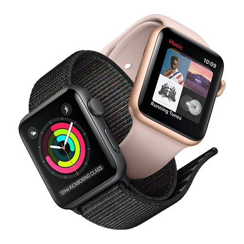 A black and a rose-gold Apple Watch Series 3 with different watch faces and bands.